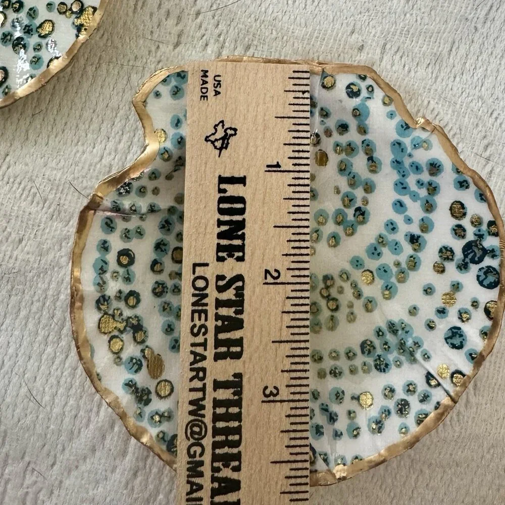 Handmade Decoupage Scallop Shell Trinket Dish Blue, Green Gold Dots - Picture 8 of 9